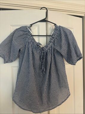 Caution To The Wind Navy & White Gingham Peasant Top